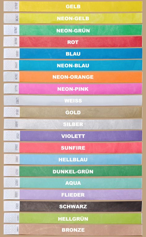 Farbtabelle Tyvek Kontrollbänder für Siebdruck in weiß, silber und gold Farbtabelle Tyvek Kontrollbänder für Siebdruck in weiß, silber und gold